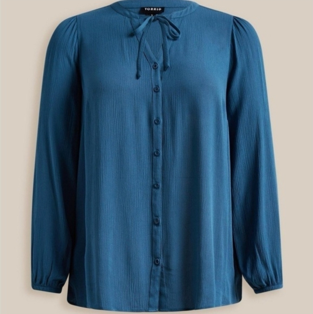 Torrid Teal Crinkle Gauze Button Front Peasant Top 00x